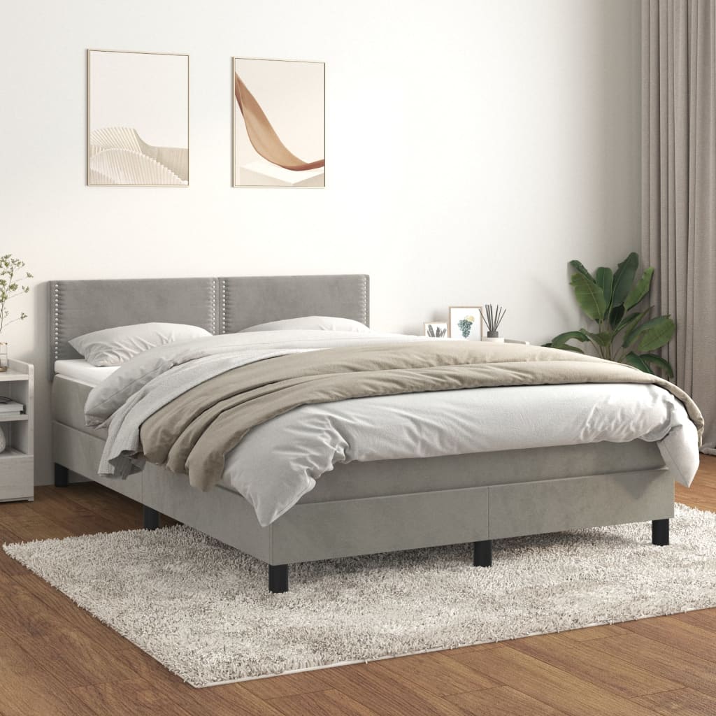 Pat box spring cu saltea, gri deschis, 140x200 cm, catifea