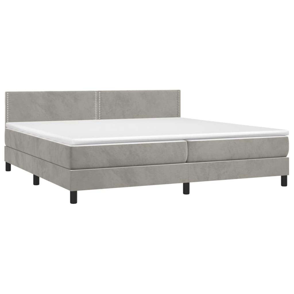 Pat box spring cu saltea, gri deschis, 200x200 cm, catifea