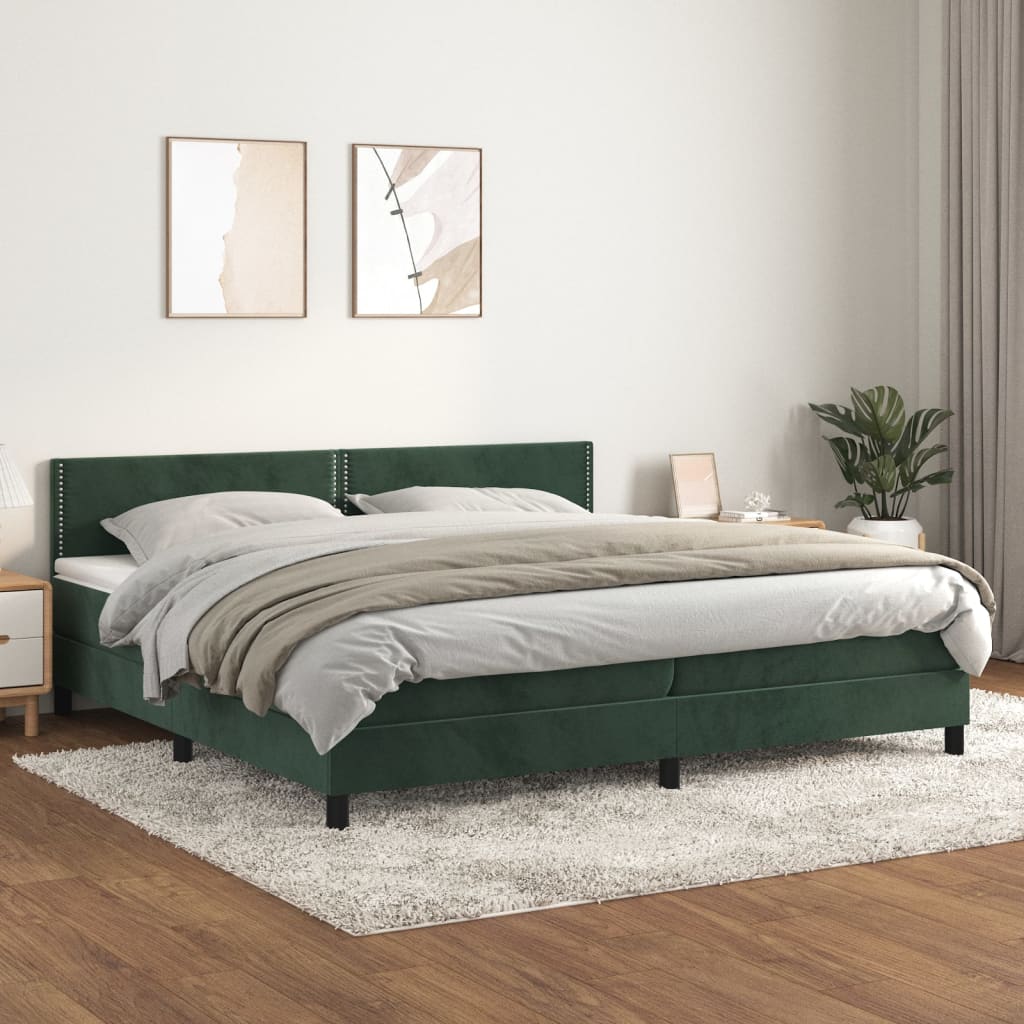 Pat box spring cu saltea, verde închis, 200x200 cm, catifea