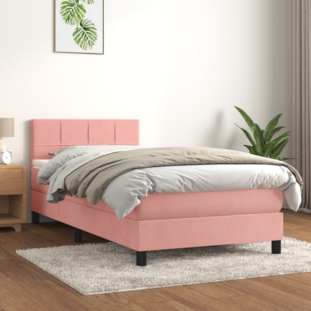 Pat box spring cu saltea, roz, 80x200 cm, catifea