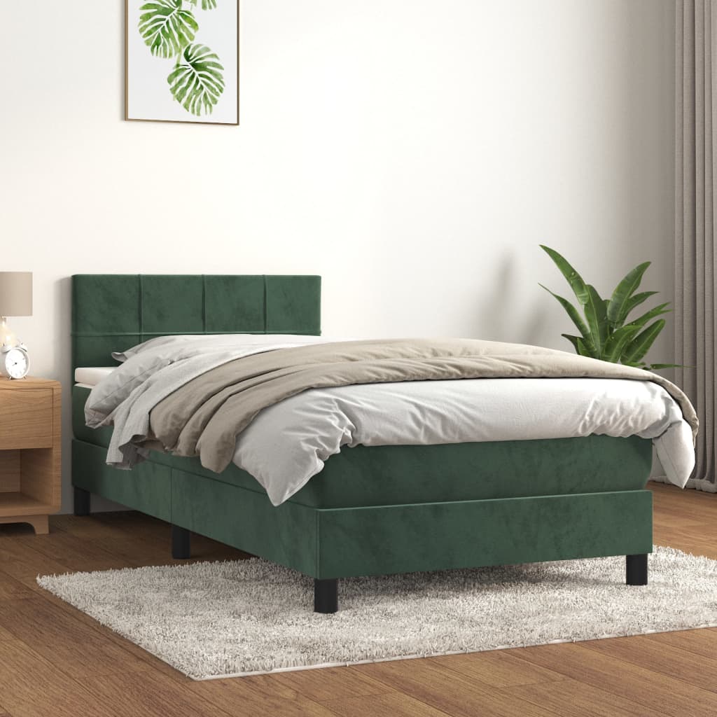 Pat box spring cu saltea, verde închis, 90x190 cm, catifea