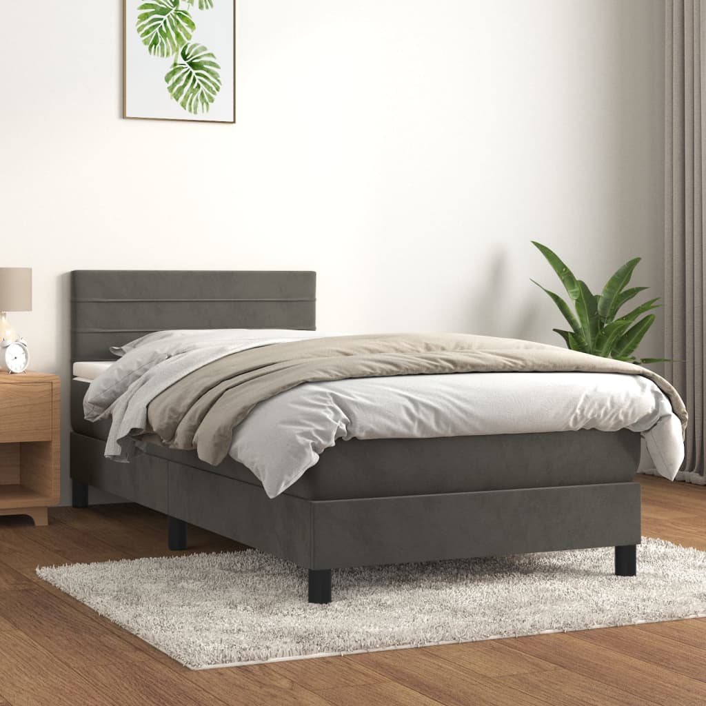 Pat box spring cu saltea, gri închis, 80x200 cm, catifea