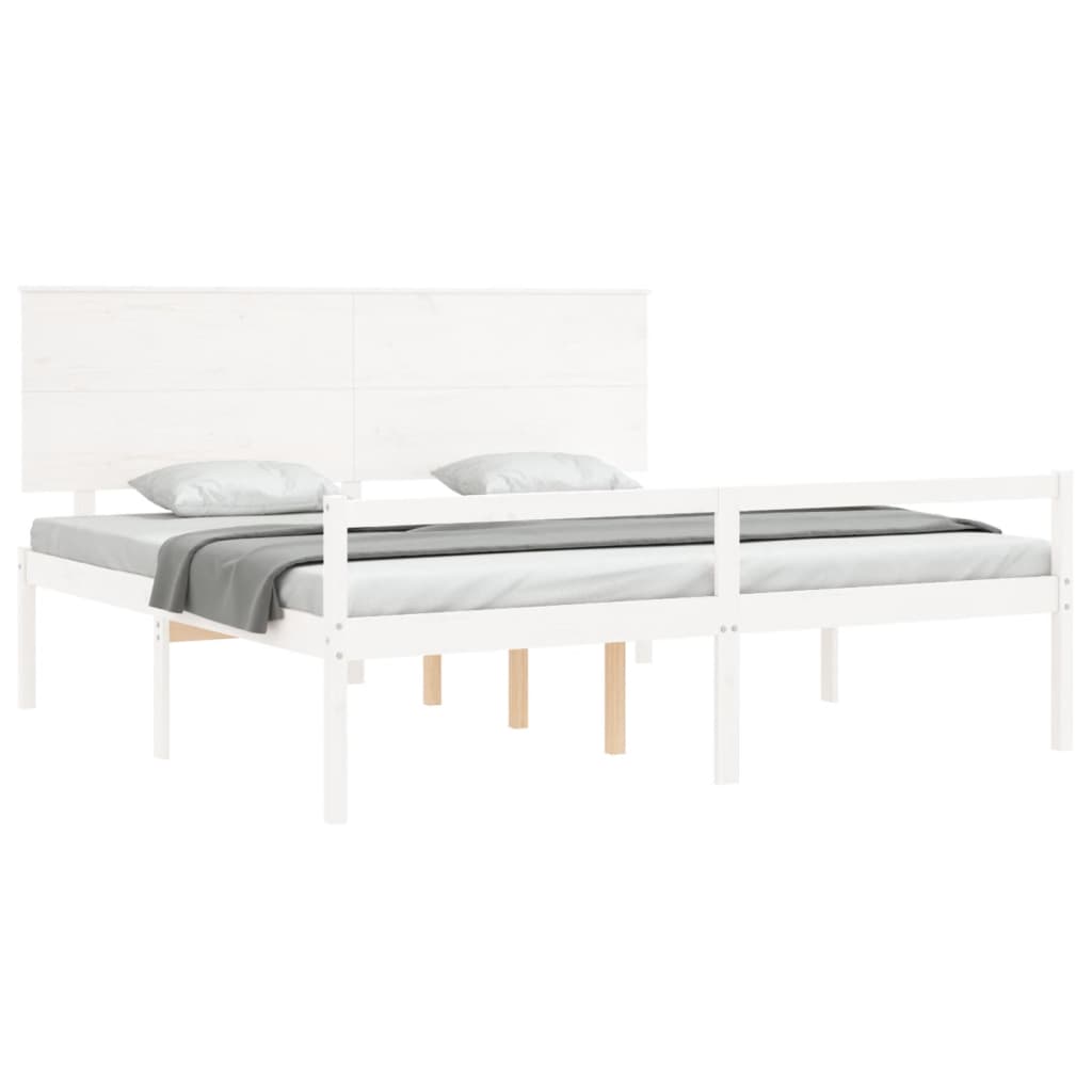Cadru de pat senior cu tăblie, 200x200 cm, alb, lemn masiv