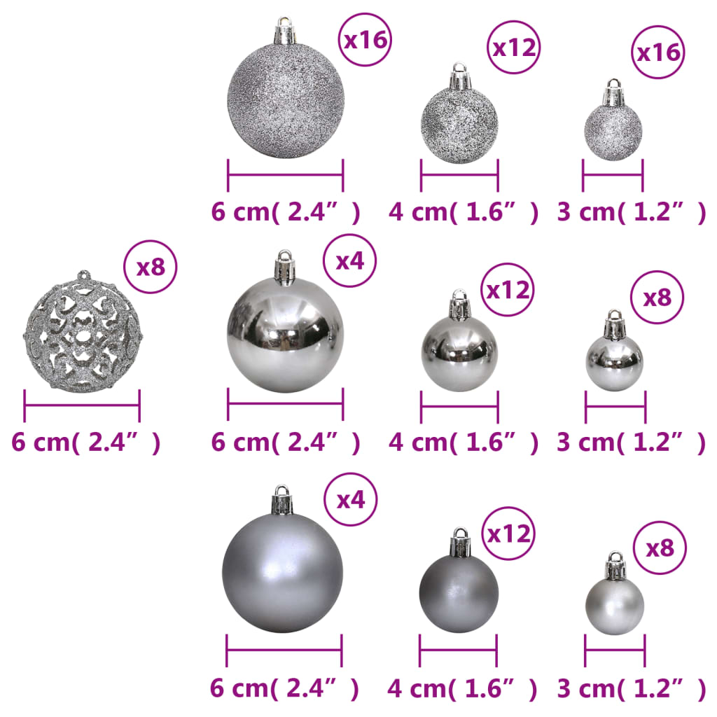 Globuri de Crăciun, 100 buc, gri, 3 / 4 / 6 cm