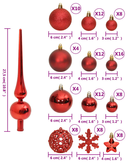 Încărcați imaginea în vizualizatorul Galerie, Set globuri de Crăciun 111 buc., roșu, polistiren
