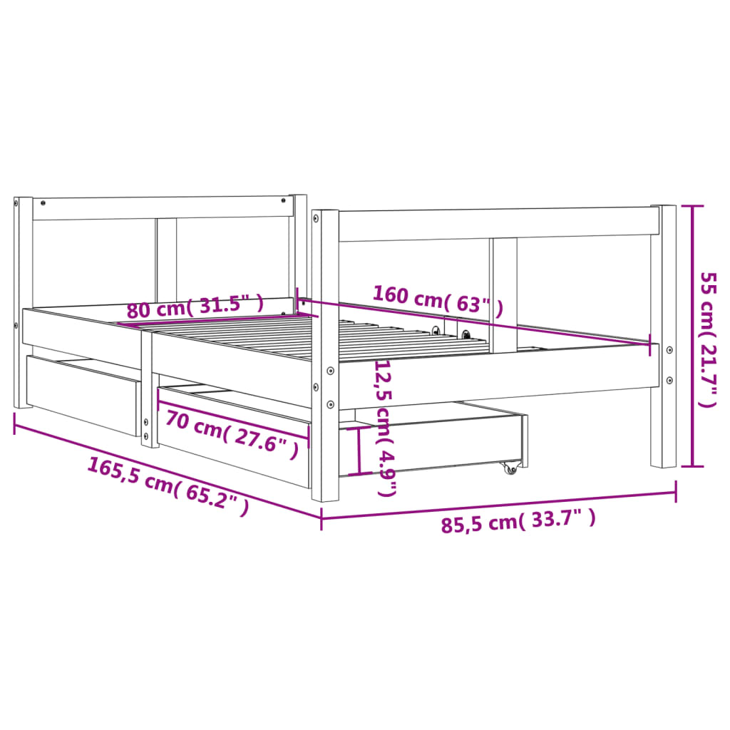 Cadru de pat copii cu sertare, alb, 80x160 cm, lemn masiv pin