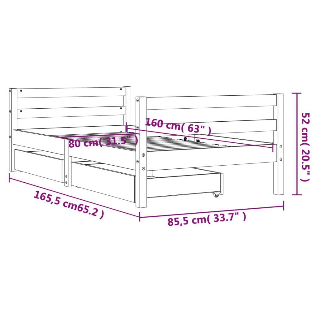 Cadru de pat copii cu sertare, 80x160 cm, lemn masiv pin