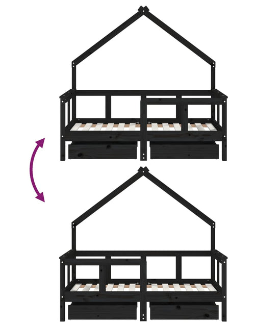 Загрузите изображение в средство просмотра галереи, Cadru de pat copii cu sertare, negru, 70x140 cm, lemn masiv pin
