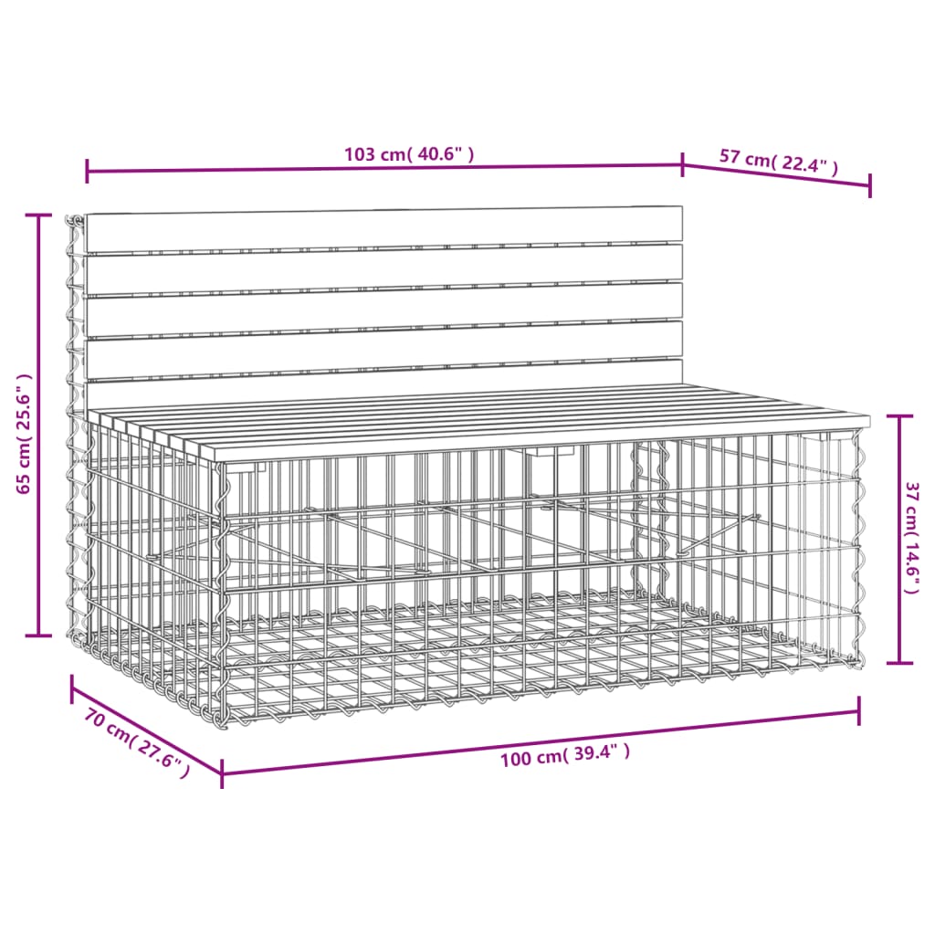 Bancă grădină, design gabion, 103x70x65 cm, lemn pin impregnat