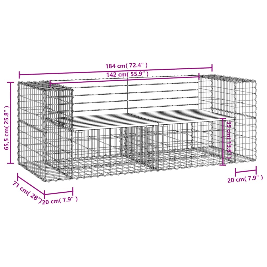 Bancă de grădină cu gabion, 184x71x65,5 cm, lemn pin impregnat