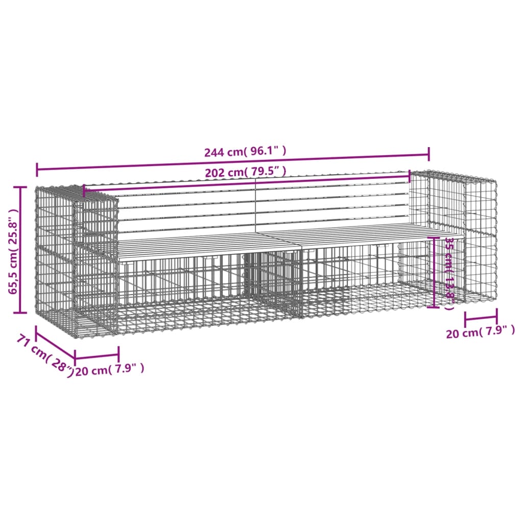 Bancă de grădină cu gabion, 244x71x65,5 cm, lemn masiv de pin