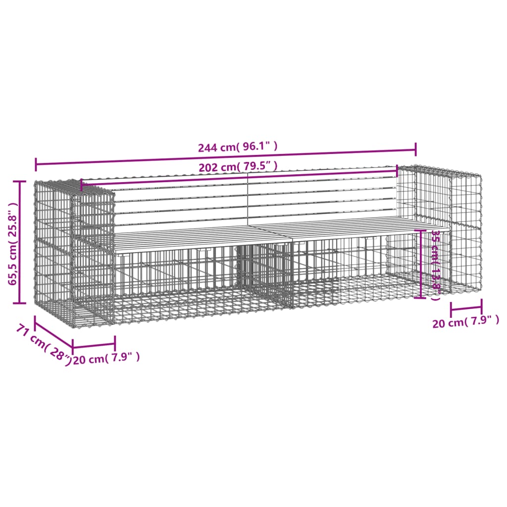 Bancă de grădină cu gabion, 244x71x65,5 cm, lemn pin impregnat