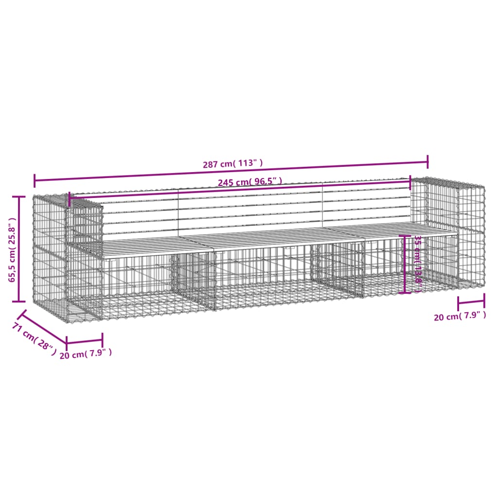 Bancă de grădină, design gabion, 287x71x65,5cm, lemn masiv pin