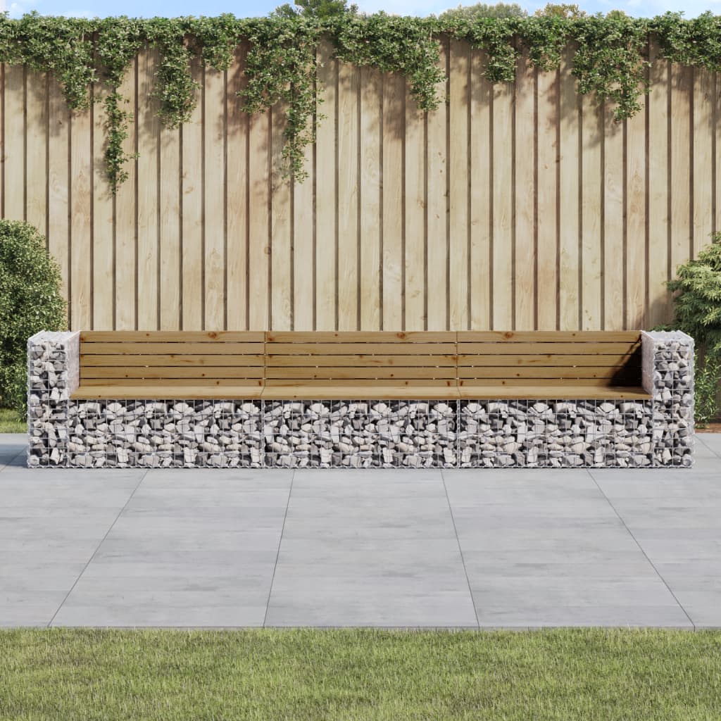 Bancă grădină design gabion, 347x71x65,5 cm, lemn pin impregnat