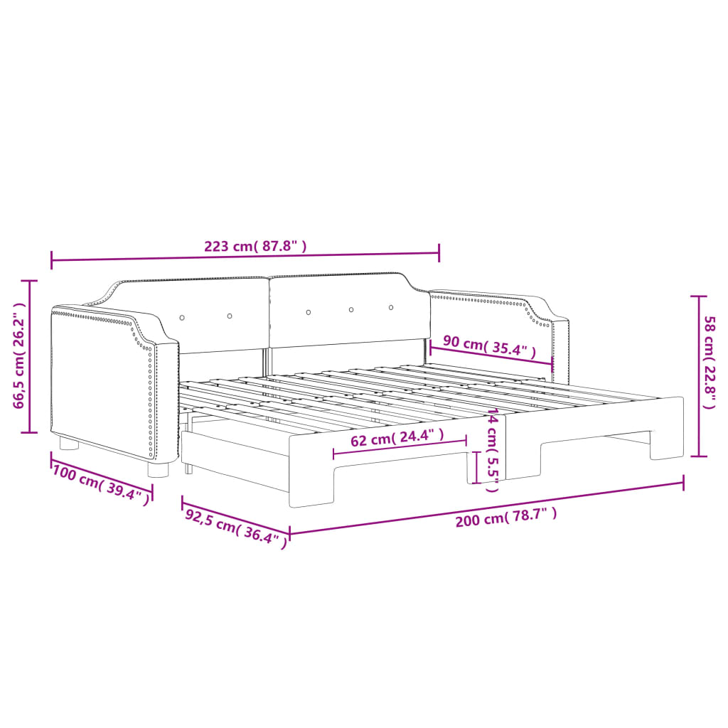 Pat de zi cu extensie, negru, 90x200 cm, textil