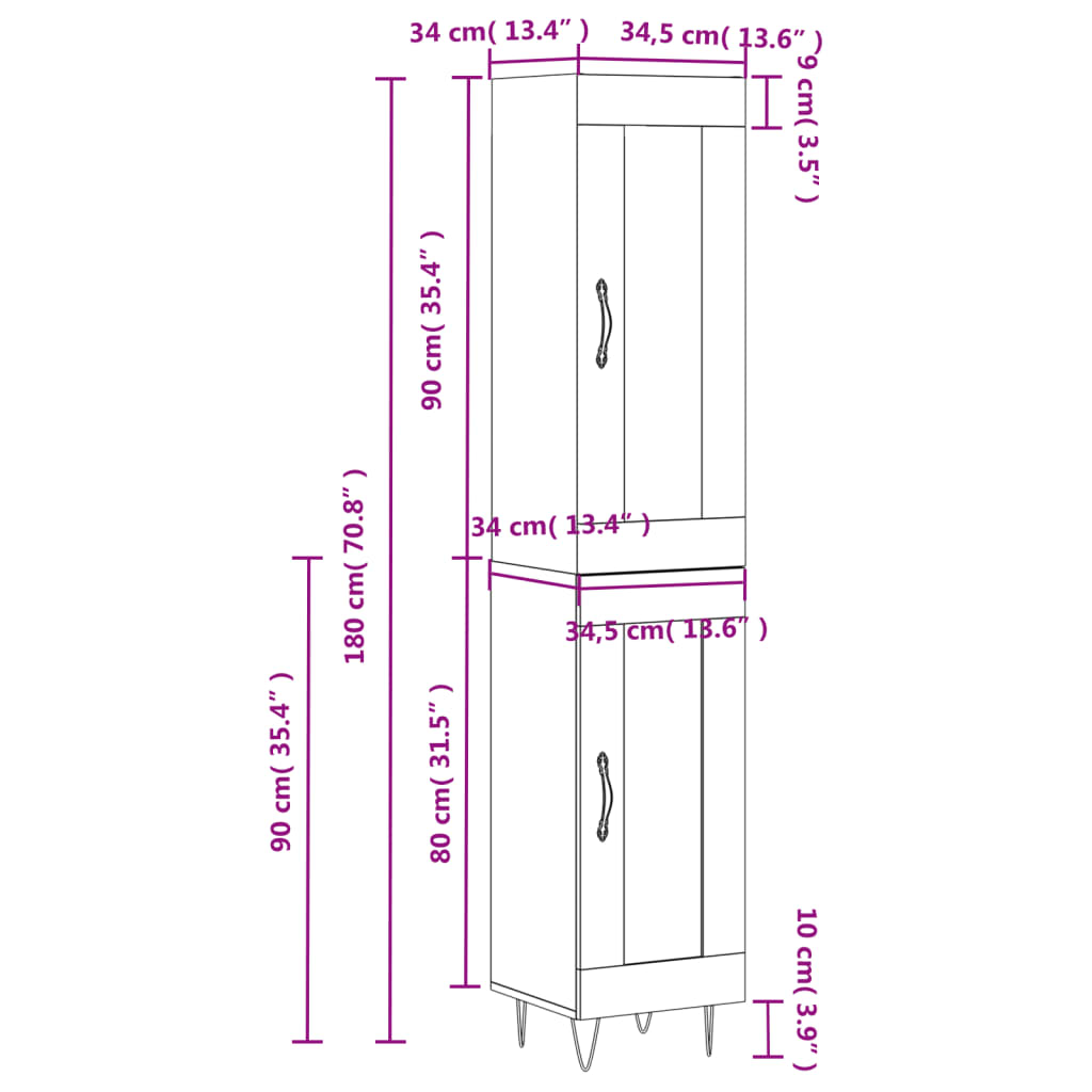 Dulap înalt, gri beton, 34,5x34x180 cm, lemn prelucrat