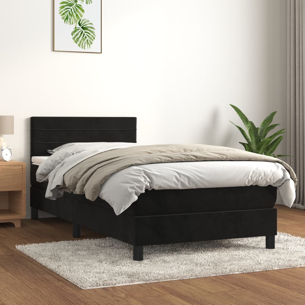 Pat box spring cu saltea, negru, 90x190 cm, catifea