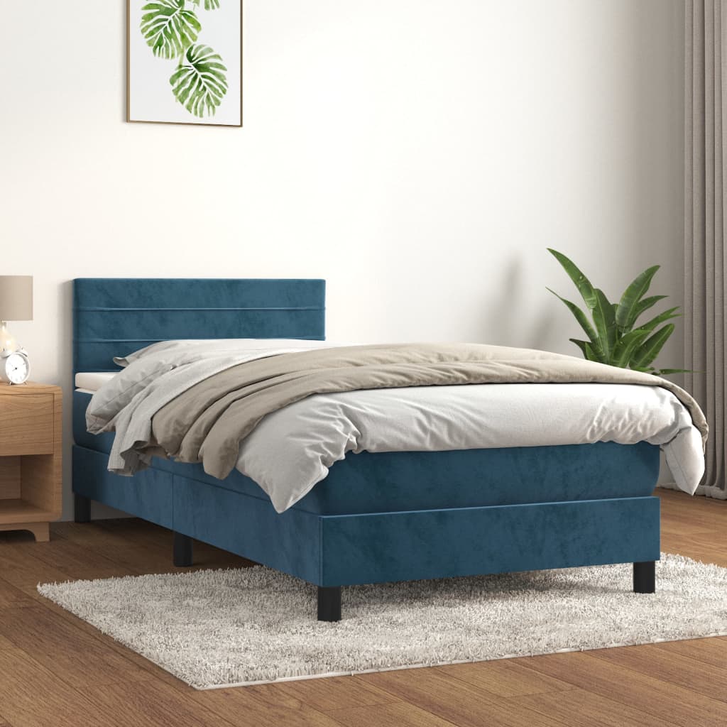 Pat box spring cu saltea, albastru închis, 90x190 cm, catifea