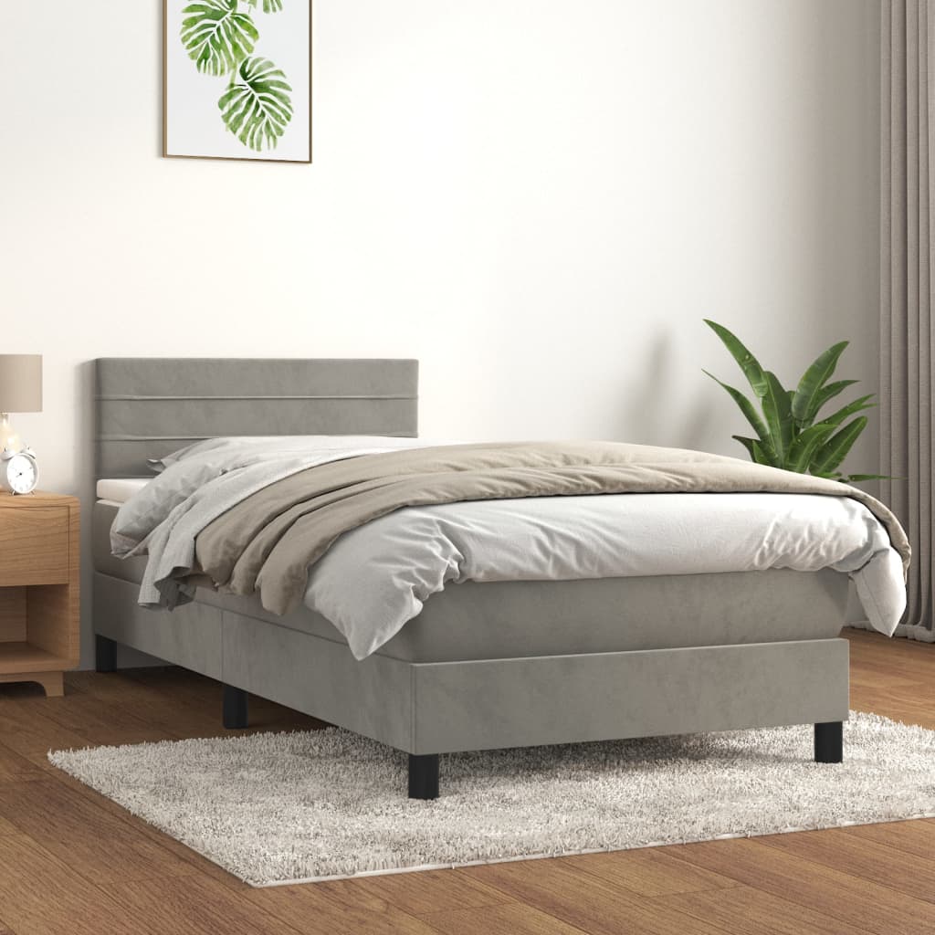 Pat box spring cu saltea, gri deschis, 100x200 cm, catifea