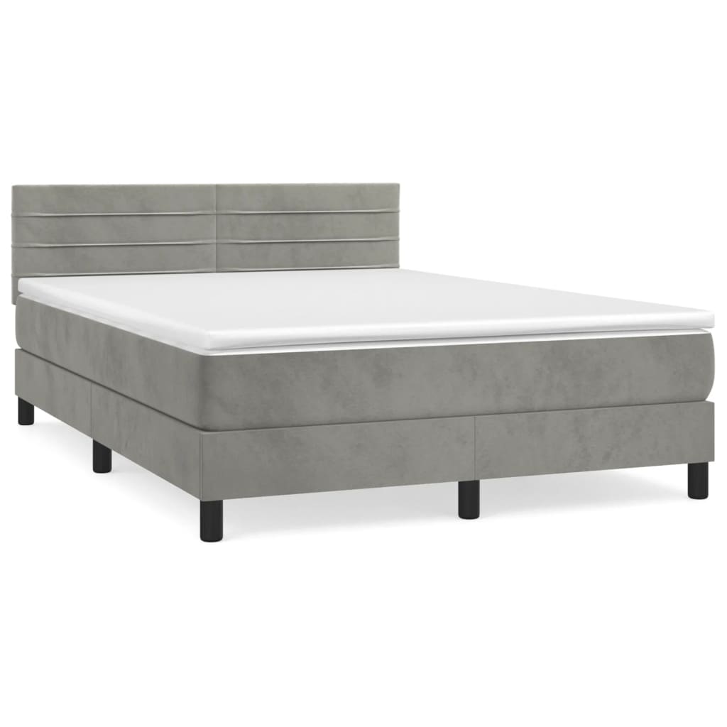 Pat box spring cu saltea, gri deschis, 140x190 cm, catifea