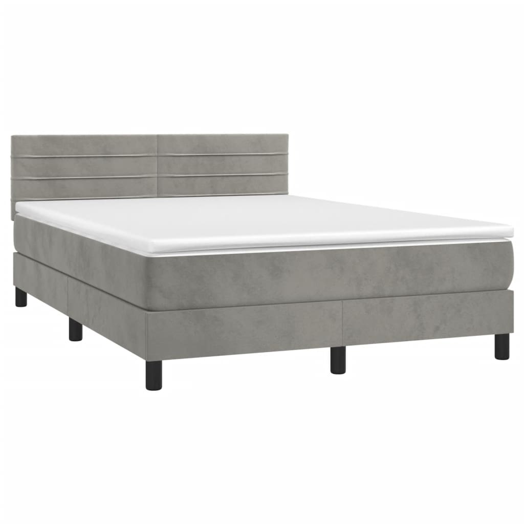 Pat box spring cu saltea, gri deschis, 140x190 cm, catifea