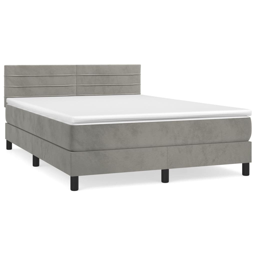 Pat box spring cu saltea, gri deschis, 140x200 cm, catifea