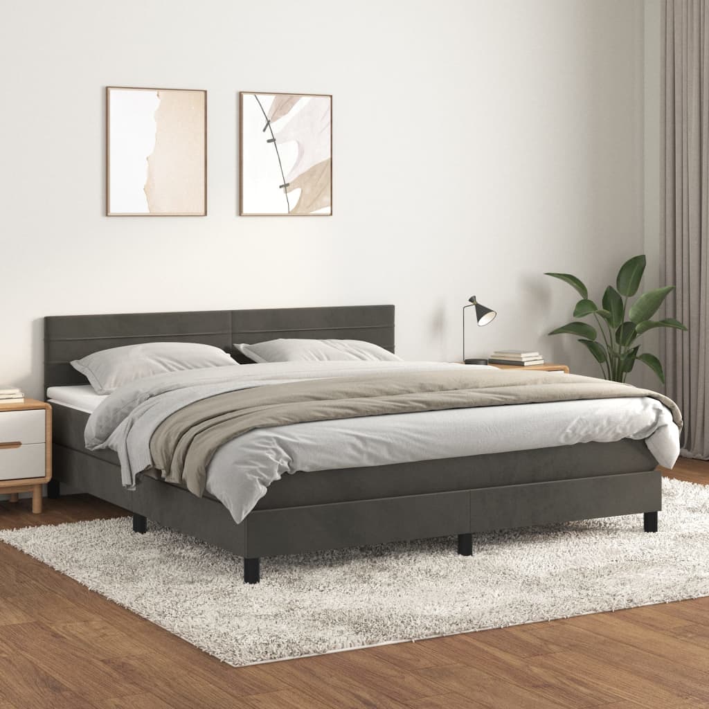 Pat box spring cu saltea, gri închis, 160x200 cm, catifea