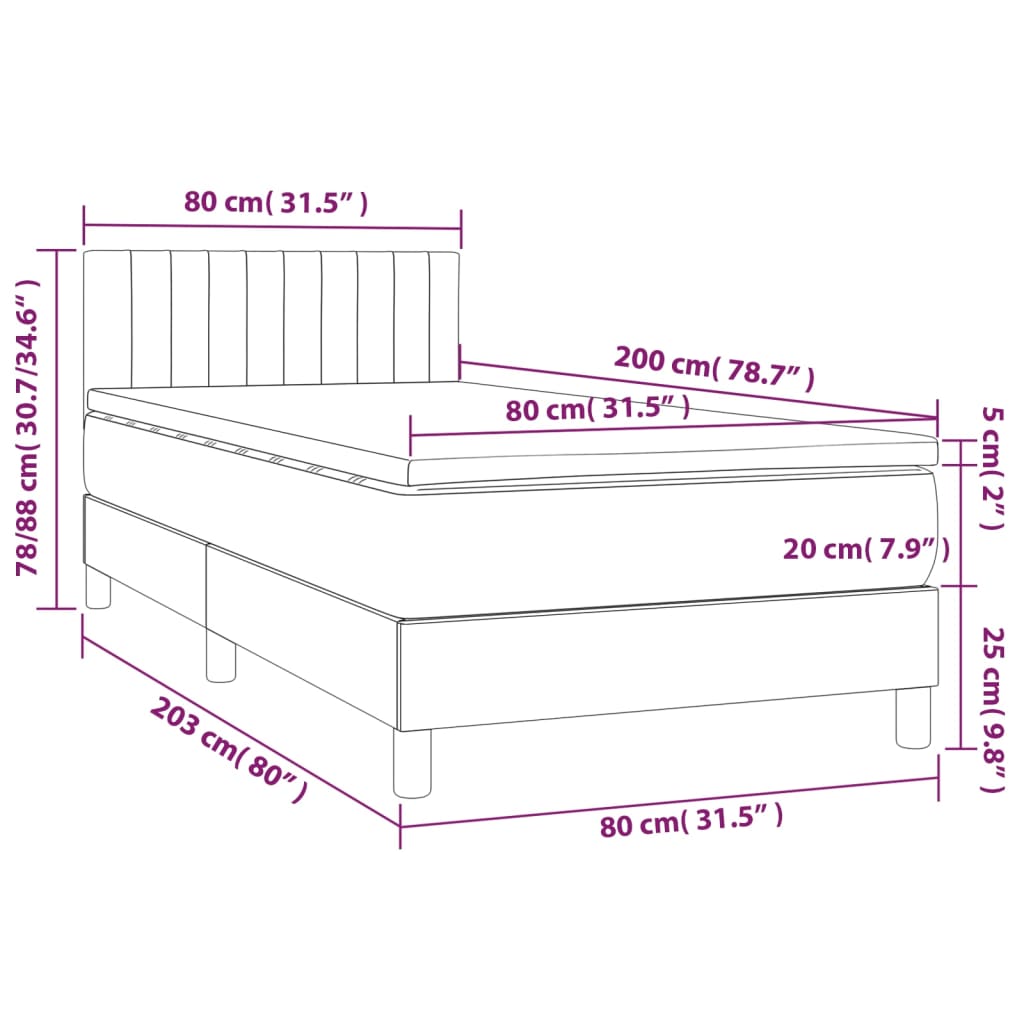 Pat box spring cu saltea, gri deschis, 80x200 cm, catifea