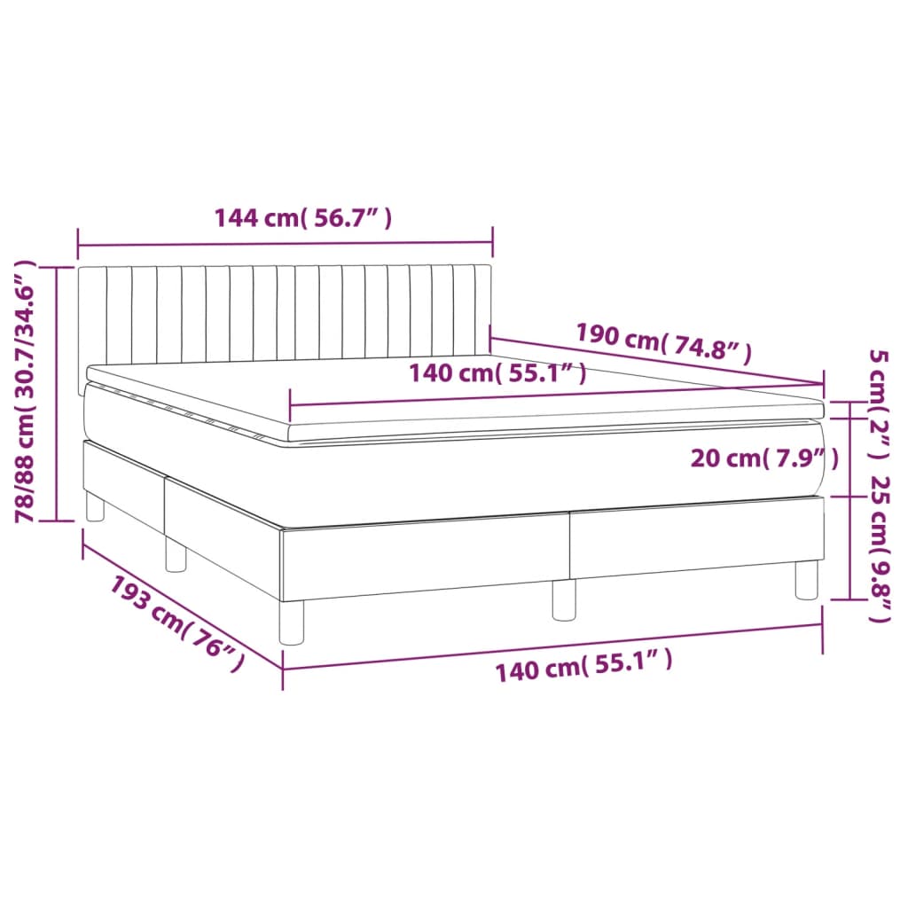 Pat box spring cu saltea, gri deschis, 140x190 cm, catifea