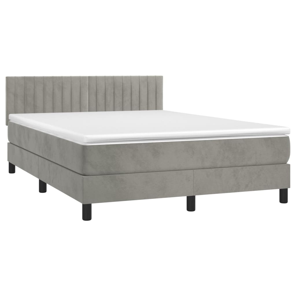 Pat box spring cu saltea, gri deschis, 140x200 cm, catifea