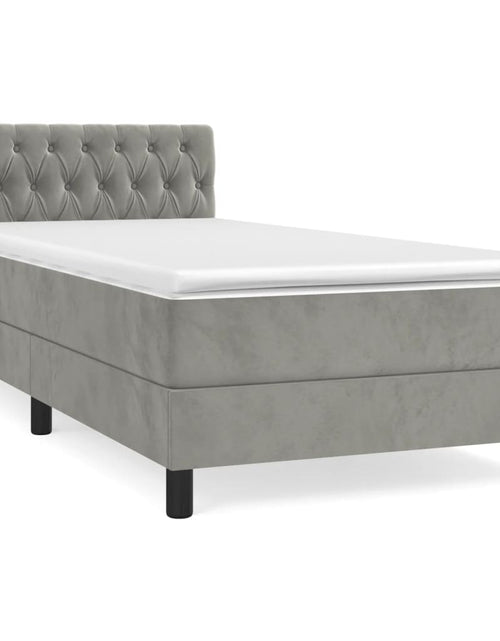 Загрузите изображение в средство просмотра галереи, Pat box spring cu saltea, gri deschis, 90x200 cm, catifea
