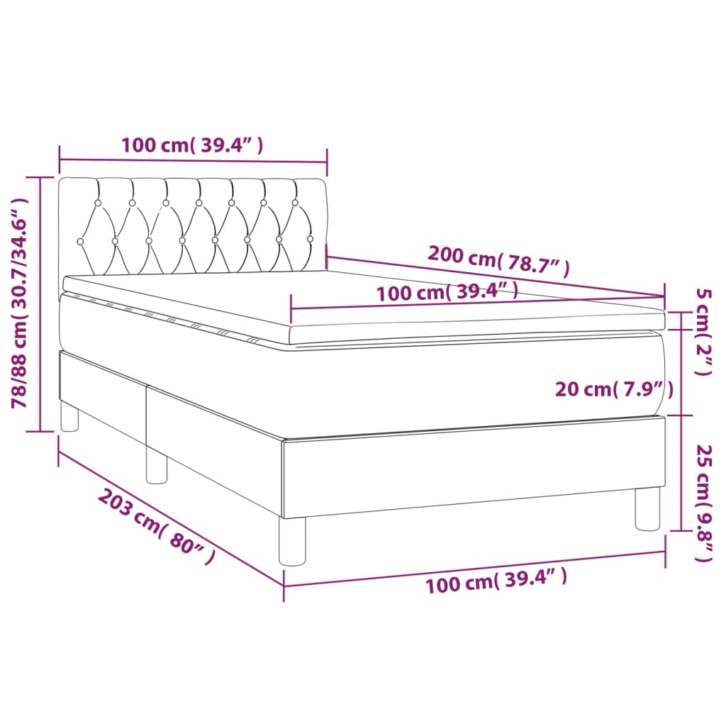 Pat box spring cu saltea, gri deschis, 100x200 cm, catifea