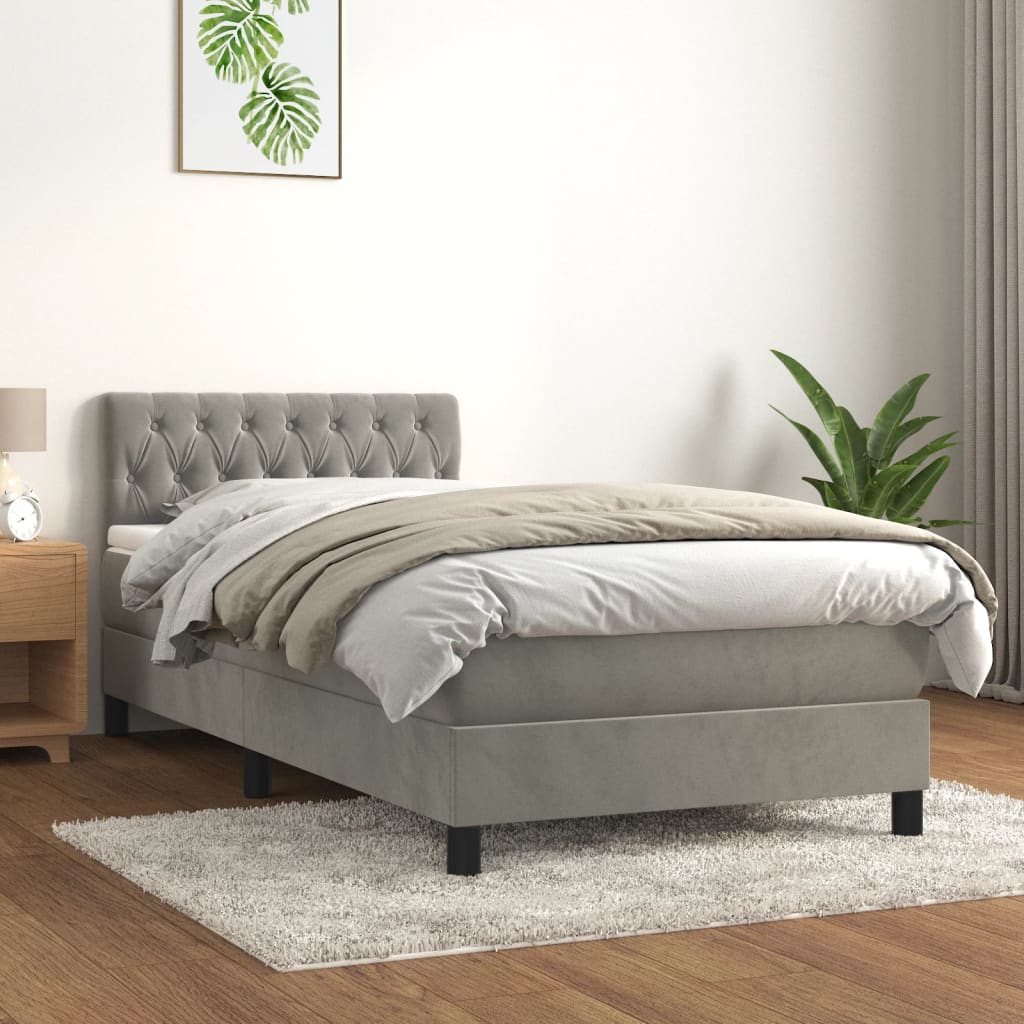 Pat box spring cu saltea, gri deschis, 100x200 cm, catifea