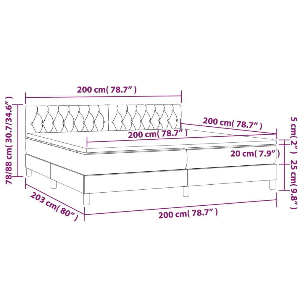 Pat box spring cu saltea, gri închis, 200x200 cm, catifea