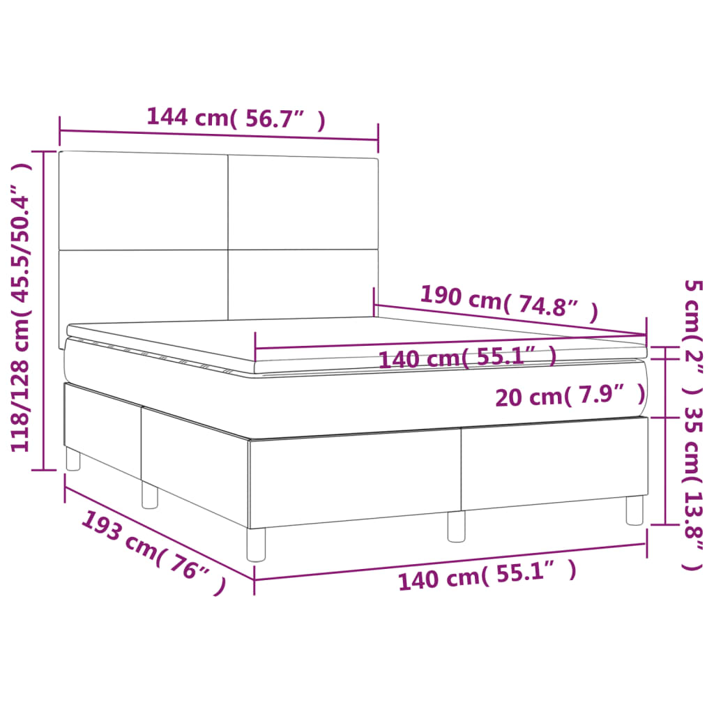 Pat box spring cu saltea, gri închis, 140x190 cm, textil