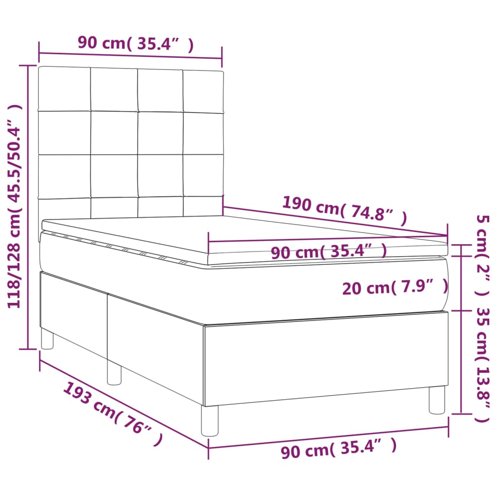 Pat box spring cu saltea, gri închis, 90x190 cm, textil