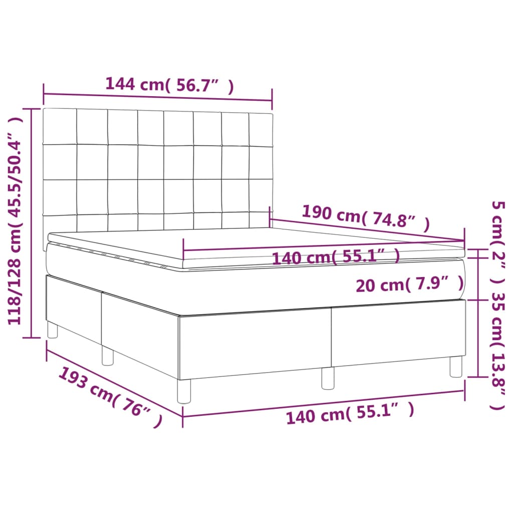 Pat box spring cu saltea, gri închis, 140x190 cm, textil