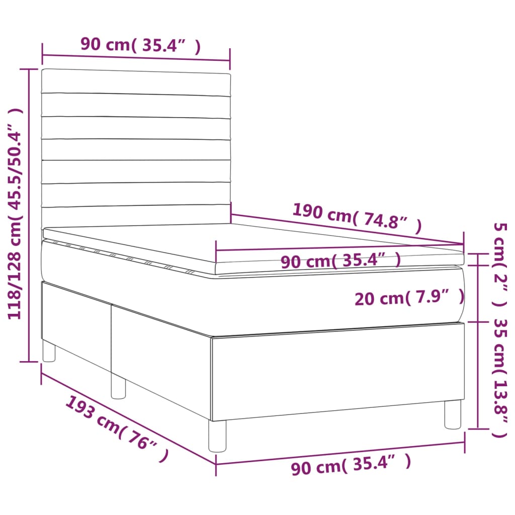 Pat box spring cu saltea, gri deschis, 90x190 cm, textil