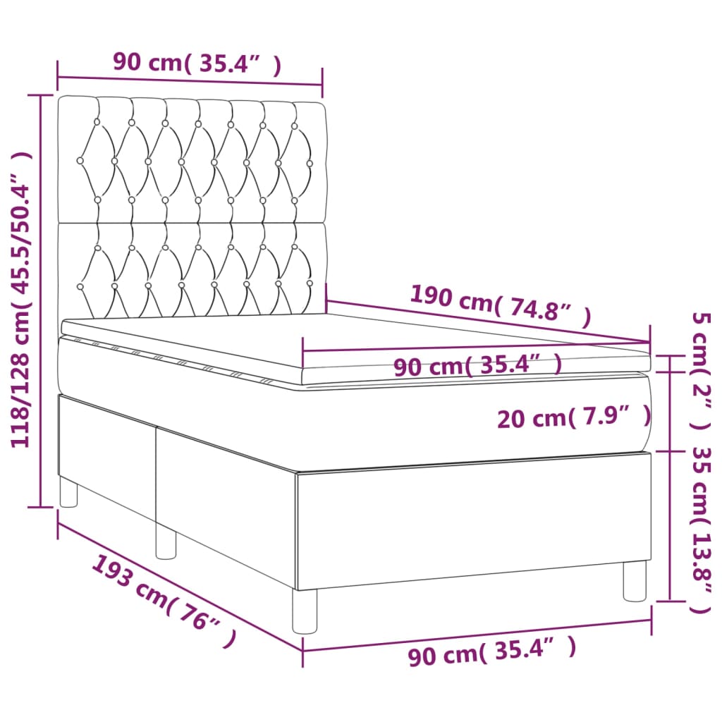 Pat box spring cu saltea, gri închis, 90x190 cm, textil