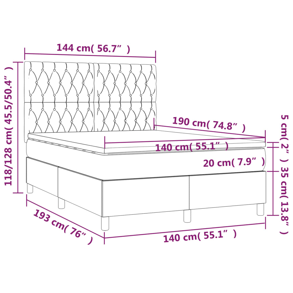 Pat box spring cu saltea, gri deschis, 140x190 cm, textil