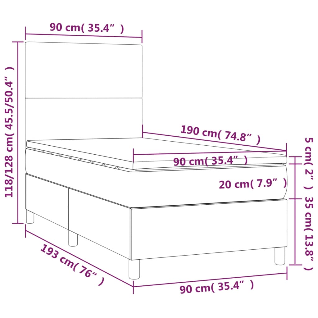 Pat box spring cu saltea, albastru, 90x190 cm, textil