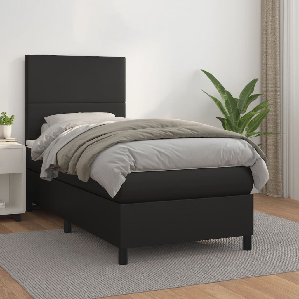 Pat box spring cu saltea, negru, 80x200 cm, piele ecologică