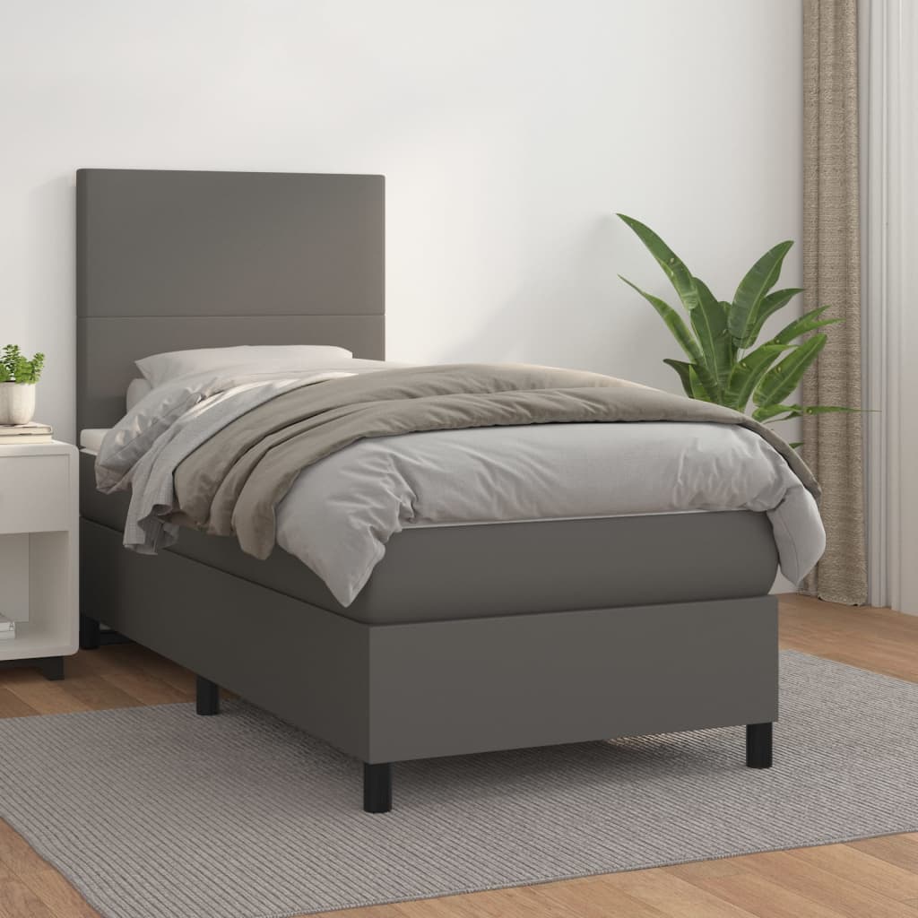 Pat box spring cu saltea, gri, 80x200 cm, piele ecologică