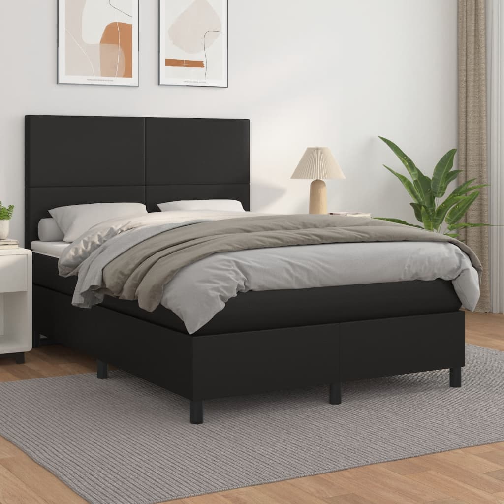 Pat box spring cu saltea, negru, 140x190 cm, piele ecologică