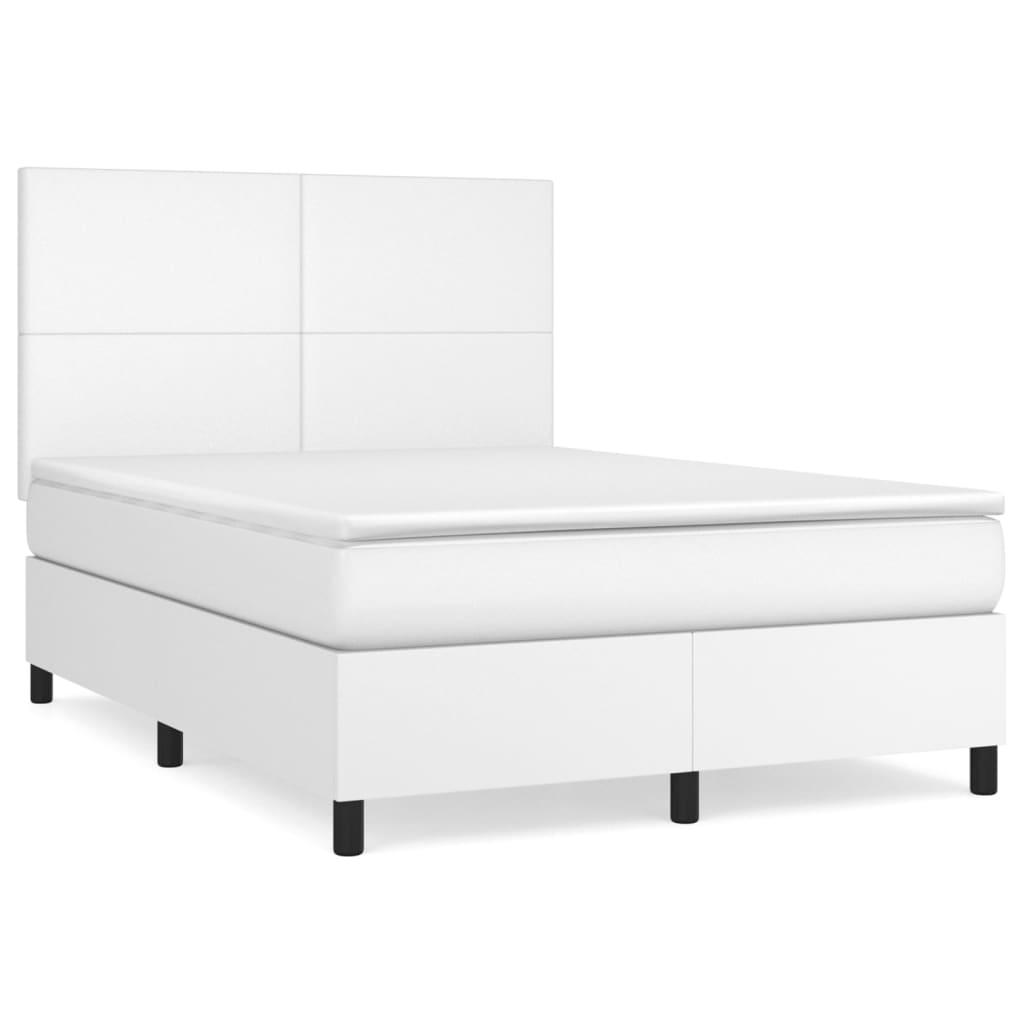 Pat box spring cu saltea, alb, 140x190 cm, piele ecologică