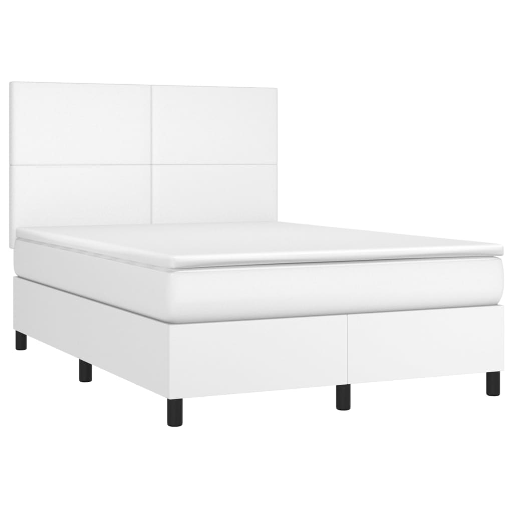 Pat box spring cu saltea, alb, 140x190 cm, piele ecologică