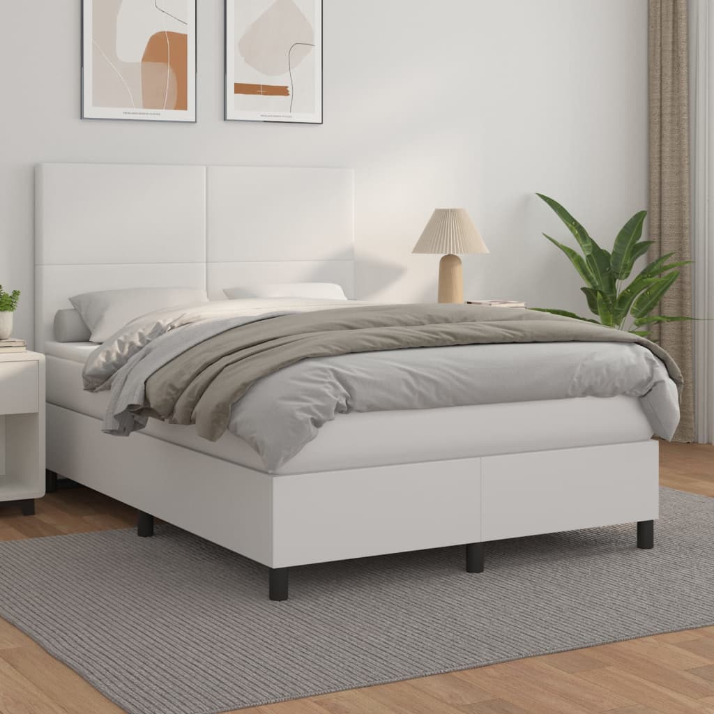 Pat box spring cu saltea, alb, 140x200 cm, piele ecologică