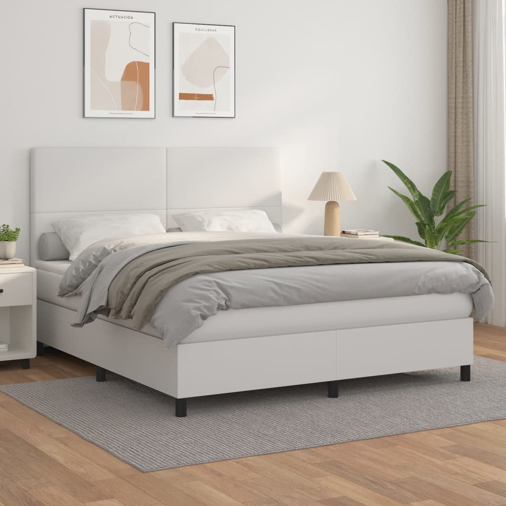 Pat box spring cu saltea, alb, 160x200 cm, piele ecologică