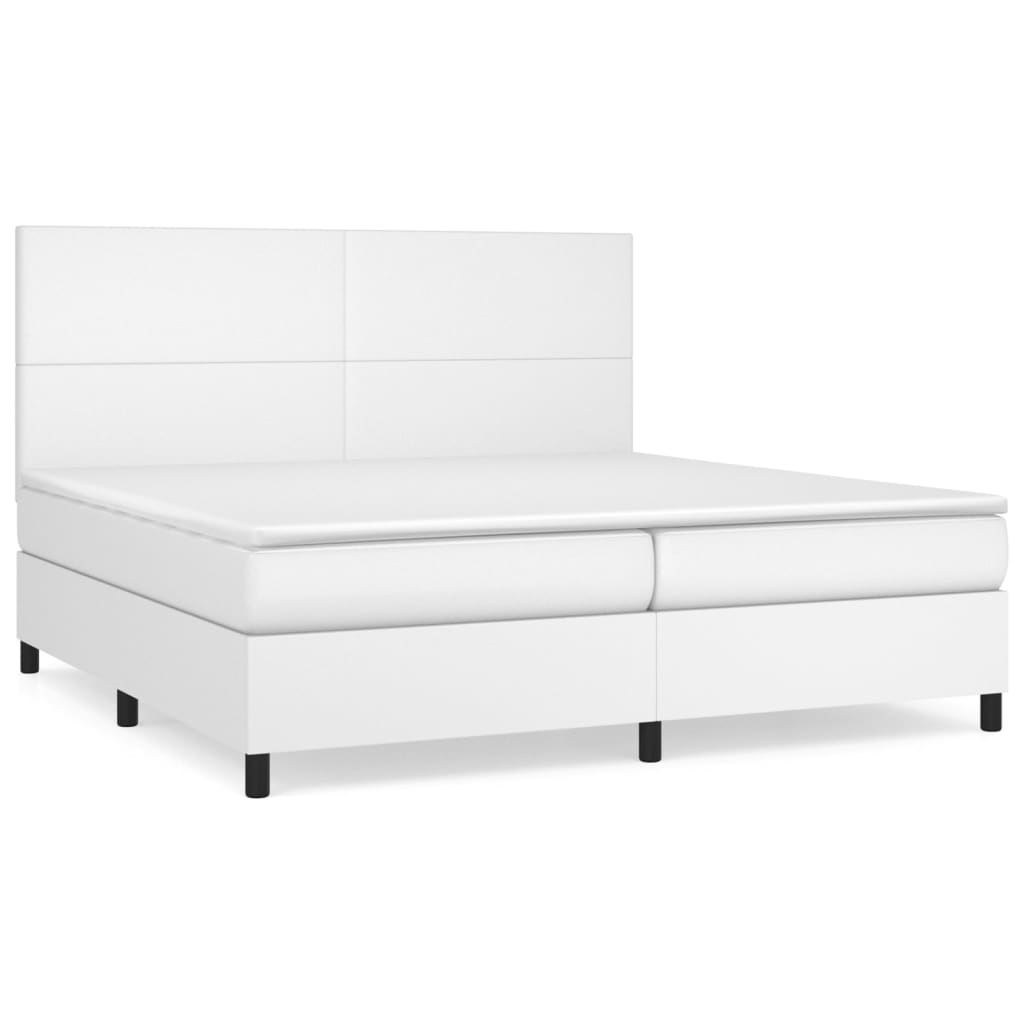 Pat box spring cu saltea, alb, 200x200 cm, piele ecologică