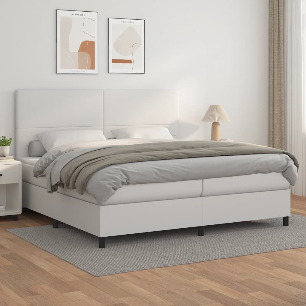 Pat box spring cu saltea, alb, 200x200 cm, piele ecologică